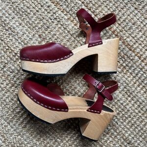 Stylish Burgundy Red Leather Clogs- Swedish Hasbeens